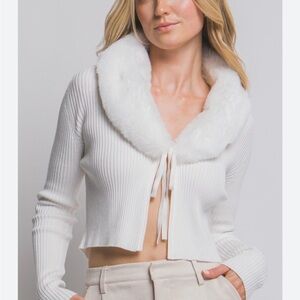 Roma Concept  collection color Ivory Couture White Fuzzy Collar Top